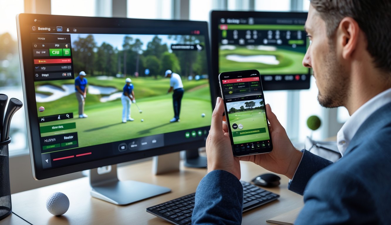 Seseorang menonton siaran langsung turnamen golf dengan layar komputer dan ponsel yang menampilkan informasi taruhan golf.