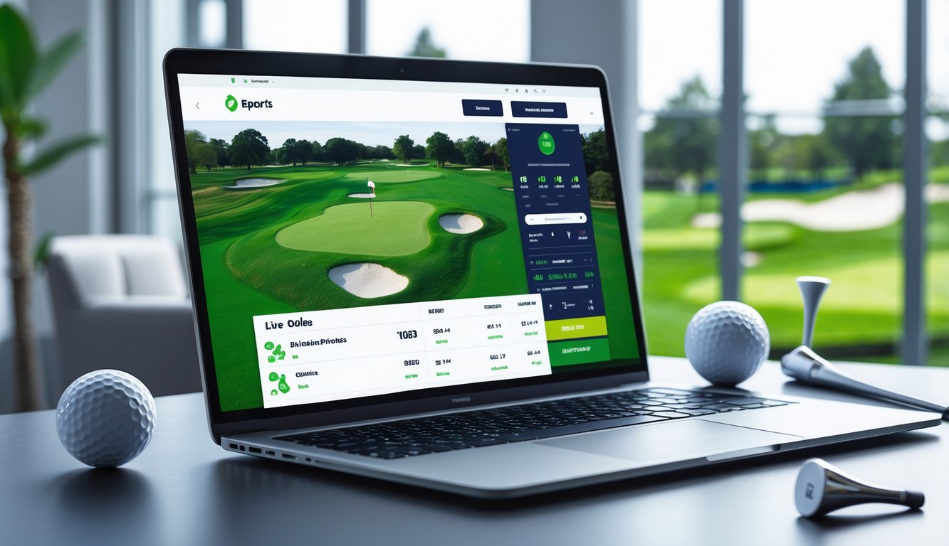 Seorang pria menggunakan laptop di meja dengan perlengkapan golf di sekitarnya, menampilkan suasana taruhan olahraga golf online.