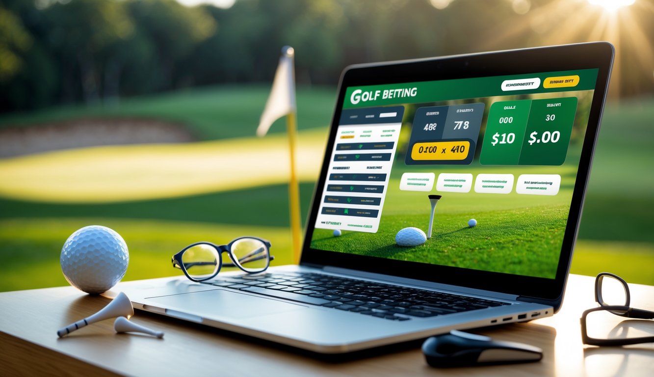 Seorang pengguna laptop dengan layar menampilkan situs taruhan golf, dikelilingi bola golf dan tee di meja kayu dengan latar belakang lapangan golf hijau.