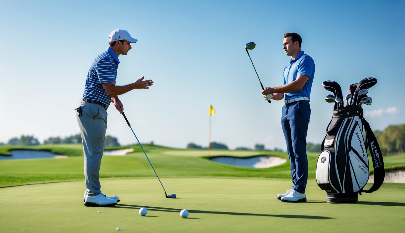 Seorang pelatih golf memberikan tips kepada pemain golf pemula di lapangan golf yang hijau dan cerah.