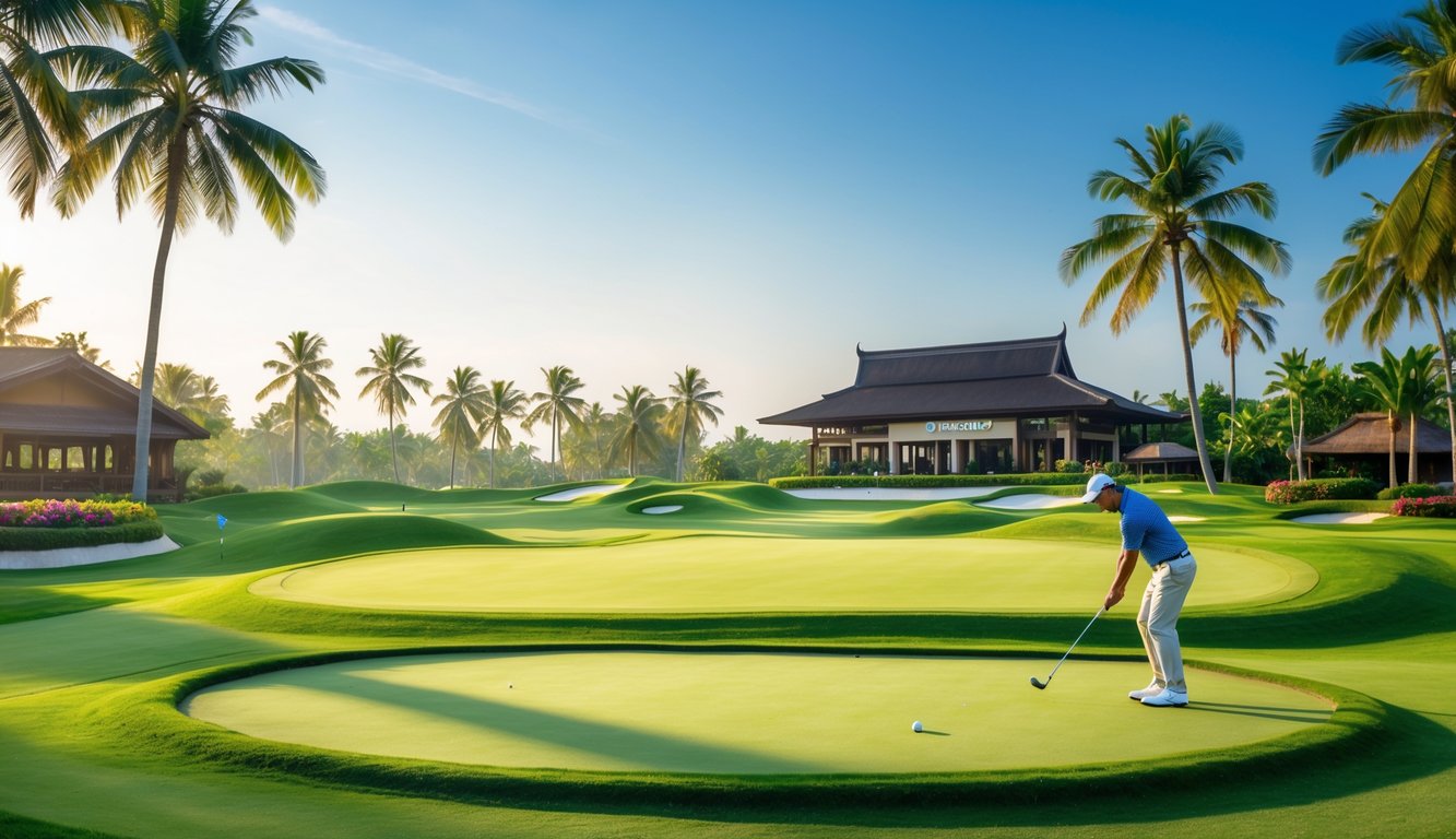 Pemandangan lapangan golf yang rapi dengan pohon palem dan klub golf di latar belakang, seorang pemain golf sedang mengayunkan tongkat golf.