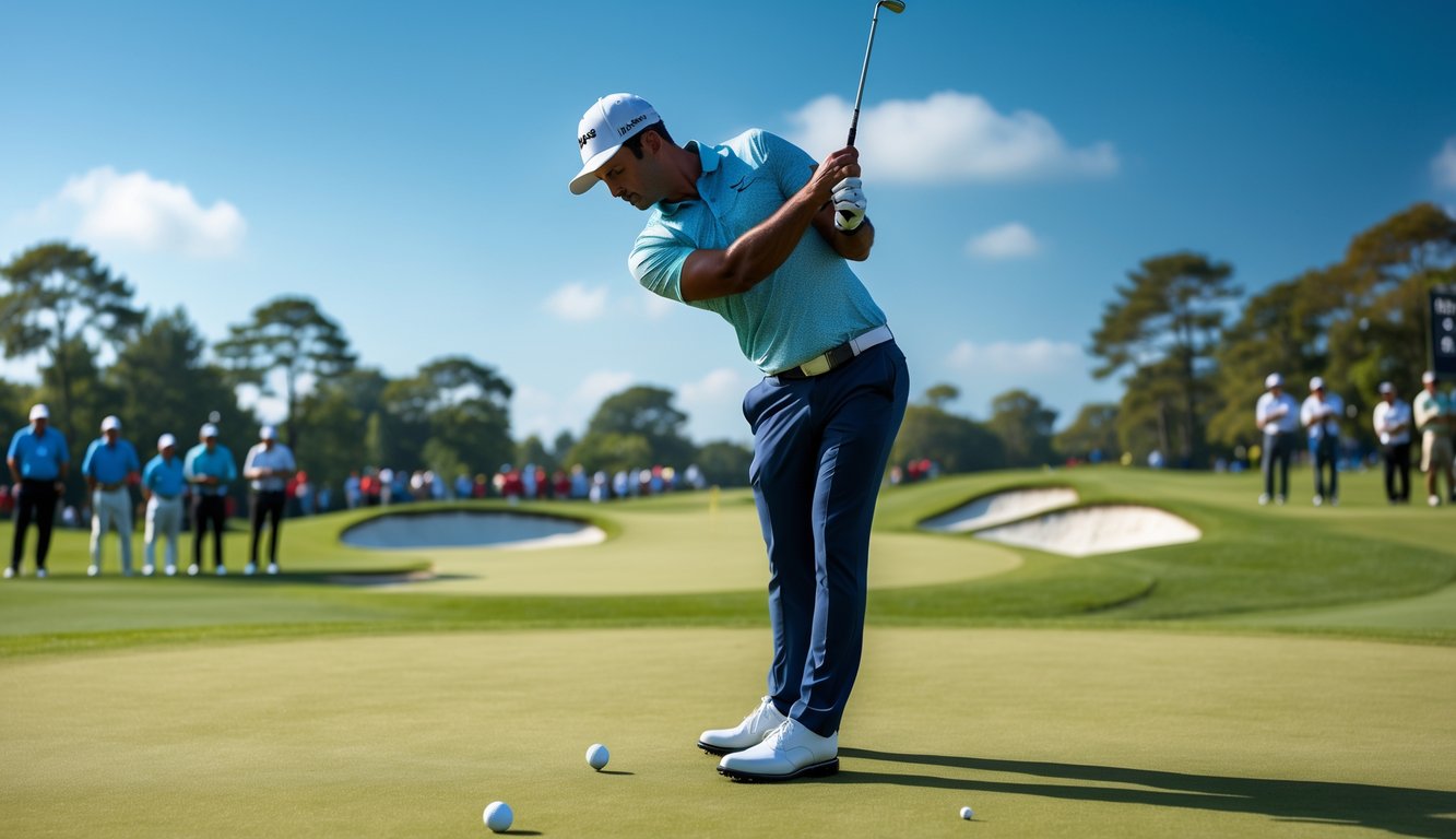 Seorang pegolf sedang melakukan ayunan di lapangan golf dengan penonton di latar belakang selama turnamen Piala Dunia Golf.