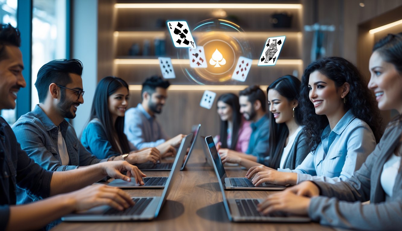 Sekelompok orang bermain permainan kartu online menggunakan laptop dan ponsel di ruangan yang nyaman dan terang.