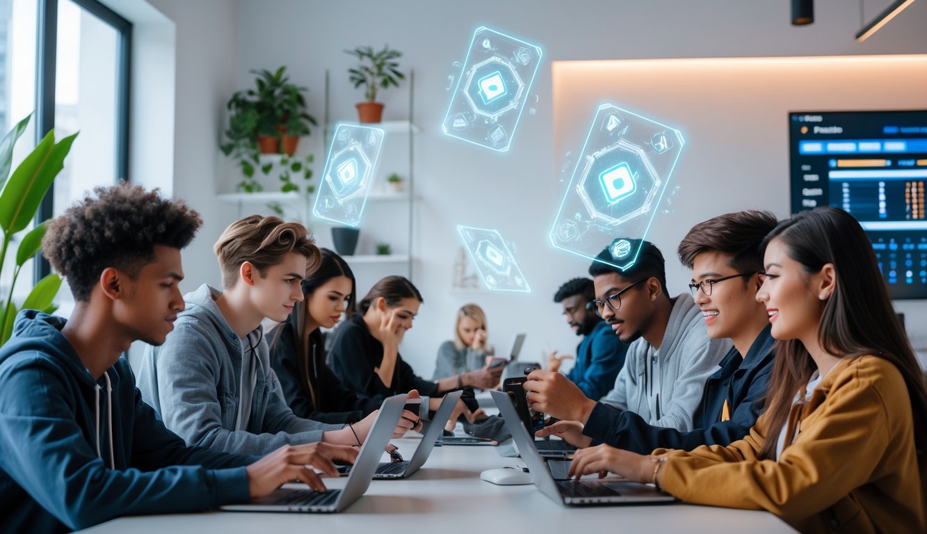 Sekelompok orang muda bermain permainan kartu online di ruangan modern dengan perangkat digital.