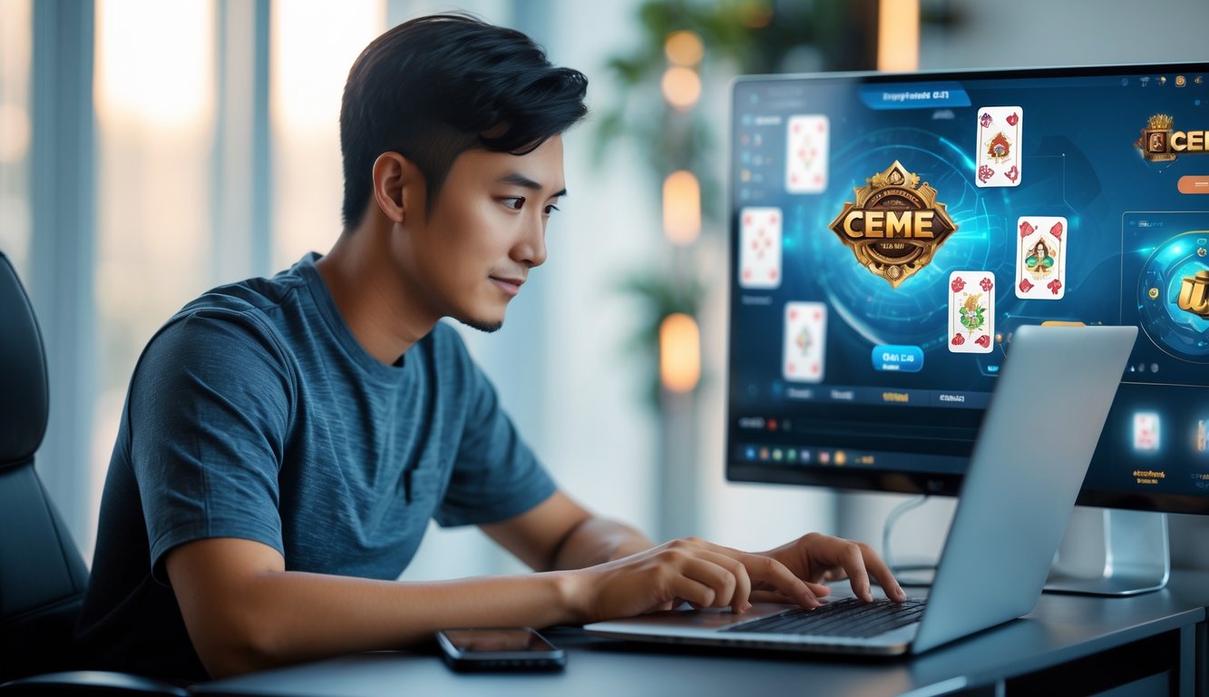 Seorang agen online sedang bekerja menggunakan laptop dan ponsel di meja kerja yang rapi dengan latar belakang grafis kartu digital.