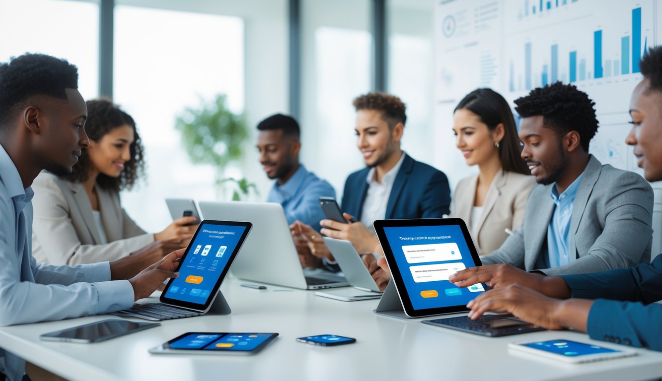 Sekelompok orang muda menggunakan perangkat elektronik untuk melakukan transaksi uang secara online di sebuah kantor modern.