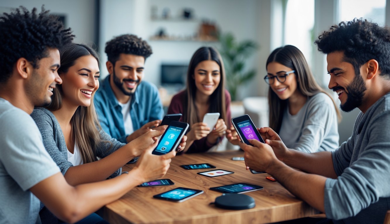 Sekelompok orang muda sedang bermain permainan kartu online menggunakan ponsel di ruang tamu yang nyaman.