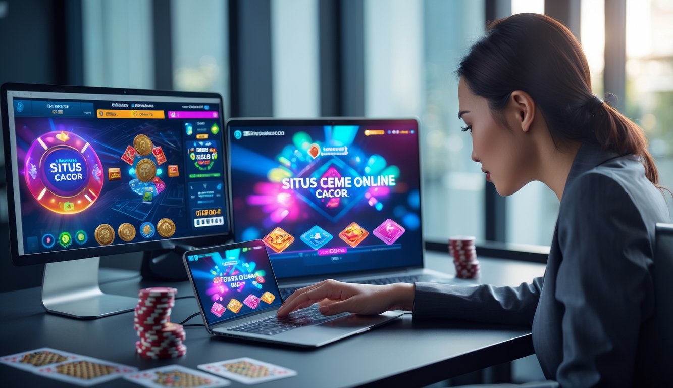 Seseorang sedang menggunakan laptop dan ponsel untuk bermain permainan kartu online di meja kerja yang rapi.