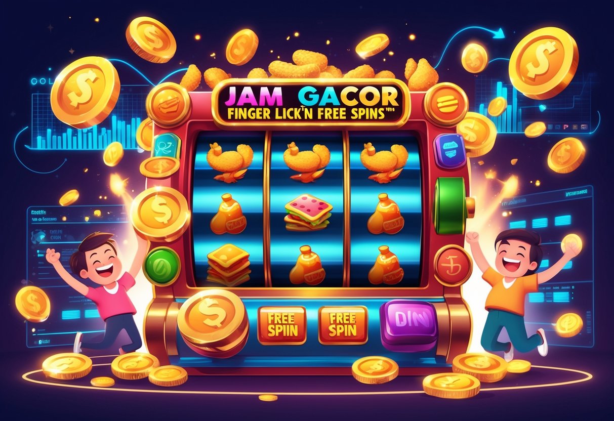 Ilustrasi mesin slot berwarna-warni dengan ikon makanan dan pemain yang merayakan kemenangan di latar belakang dengan grafik data dan koin emas berkilauan.