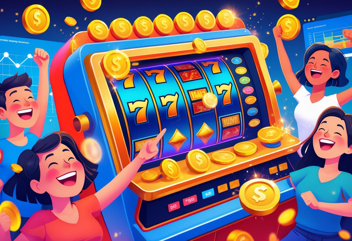 Beberapa pemain yang bersemangat merayakan kemenangan di depan mesin slot yang berputar dengan koin emas dan efek berkilau di sekitarnya.