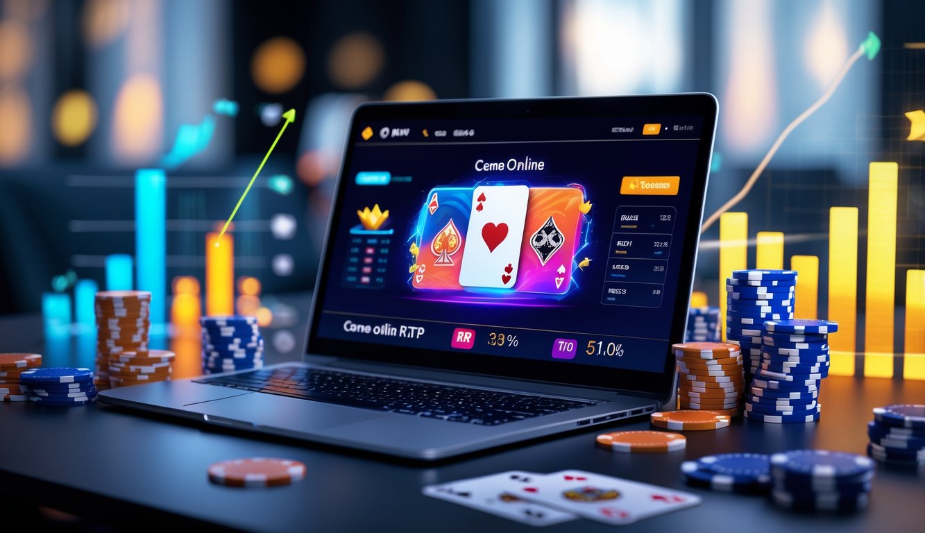 Seorang pemain menggunakan laptop dengan permainan kartu online dan chip poker di meja.
