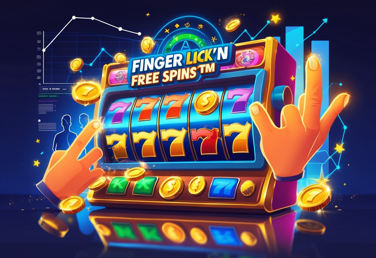 Ilustrasi mesin slot dengan gulungan berputar dan ikon jari yang berinteraksi, dikelilingi grafik dan siluet pemain yang merayakan kemenangan.