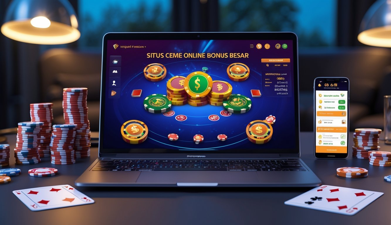 Seorang pria menggunakan laptop dengan permainan kartu online di layar, dikelilingi oleh tumpukan chip poker dan ponsel di meja.