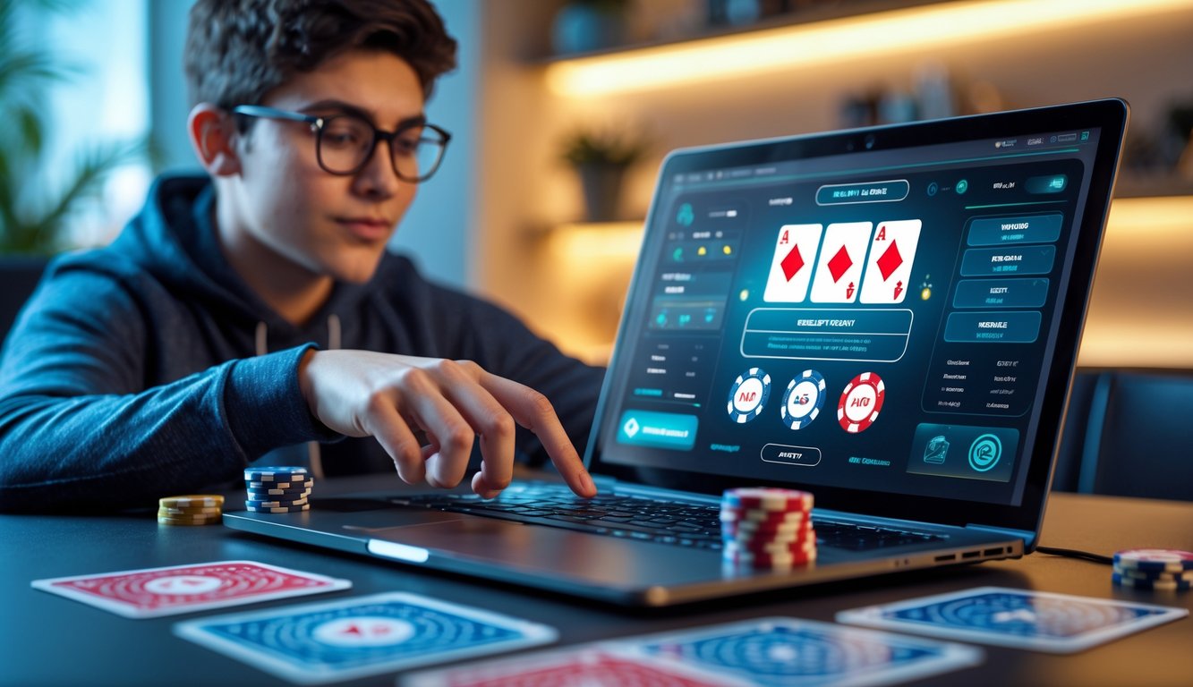 Seseorang sedang bermain permainan kartu online di laptop dengan chip poker di meja.