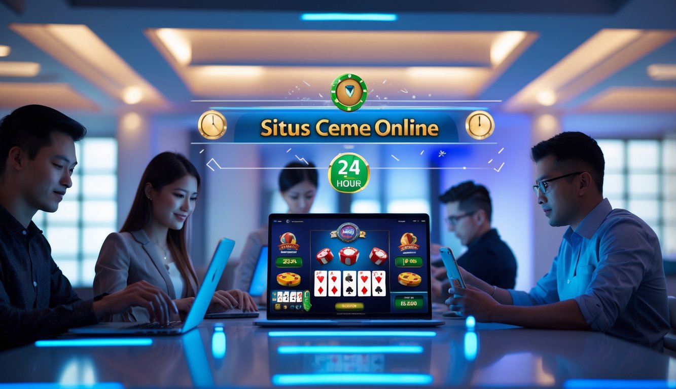 Orang-orang menggunakan perangkat digital untuk bermain permainan kartu online di ruang modern dengan pencahayaan hangat.