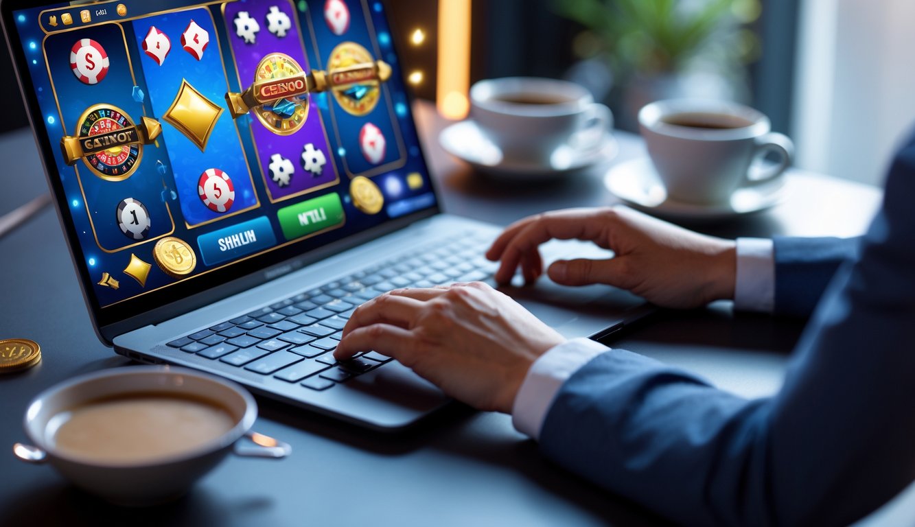 Seseorang menggunakan komputer dengan permainan kasino online yang terlihat di layar di ruang kerja yang rapi dan terang.