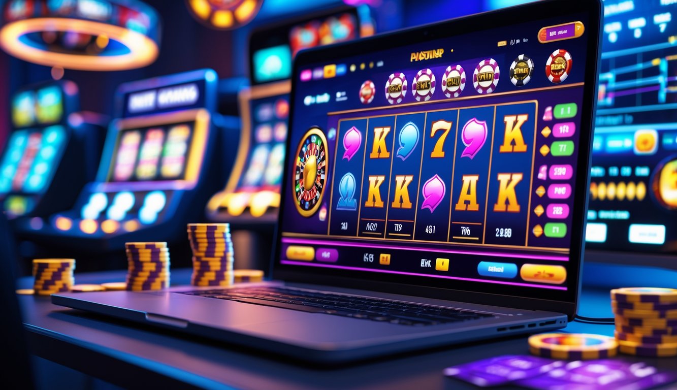 Sebuah laptop menampilkan antarmuka kasino online dengan permainan slot dan kartu, dikelilingi oleh chip dan kartu remi.