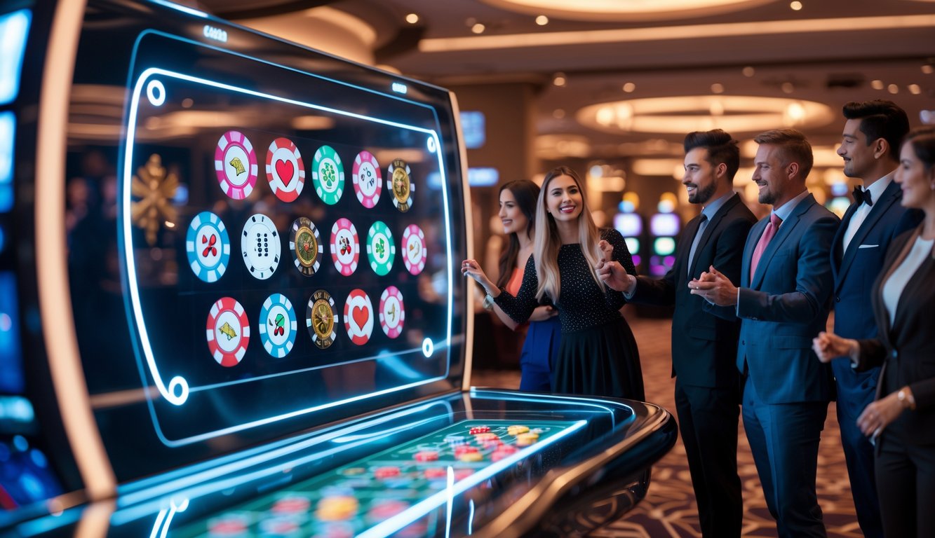 Orang-orang berpakaian rapi sedang menggunakan antarmuka digital di lingkungan kasino modern dengan ikon permainan kasino yang berwarna-warni.