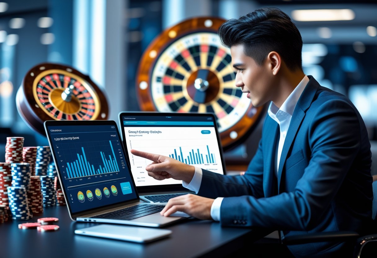 A business professional analyzing casino-related data on digital devices