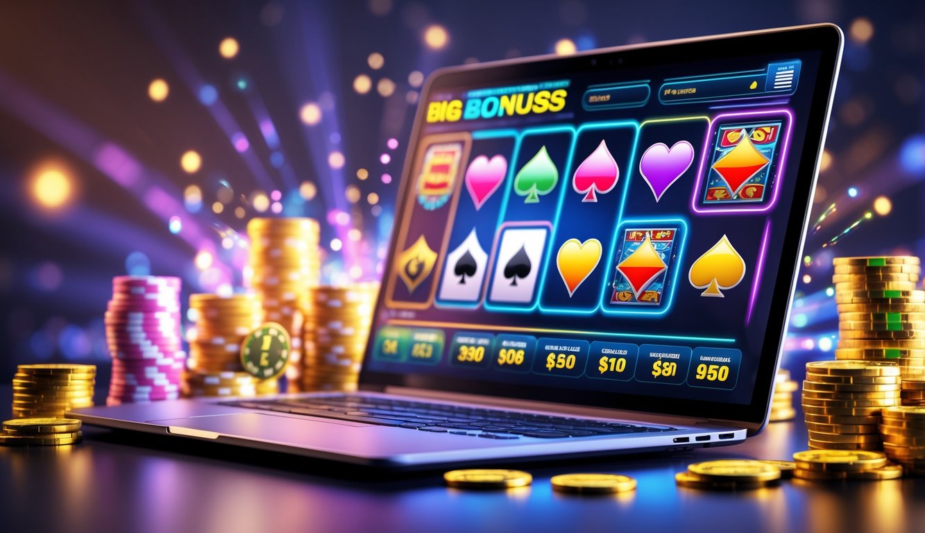 Sebuah laptop menampilkan antarmuka kasino online dengan chip poker dan kartu bermain di sekitarnya.
