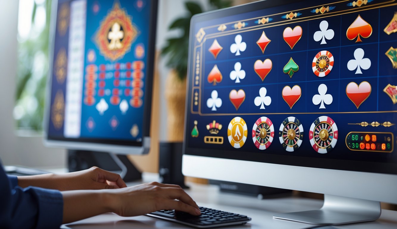 Seseorang menggunakan komputer dengan tampilan permainan kasino online yang menampilkan chip poker dan kartu bermain, dengan latar belakang motif batik Indonesia.