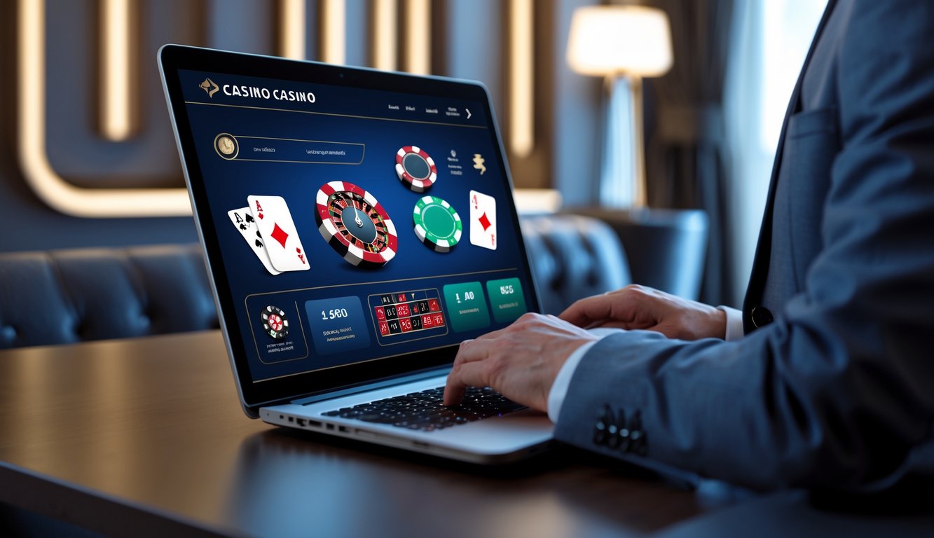 Seseorang menggunakan laptop dengan tampilan permainan kasino online di ruangan yang nyaman dan mewah.