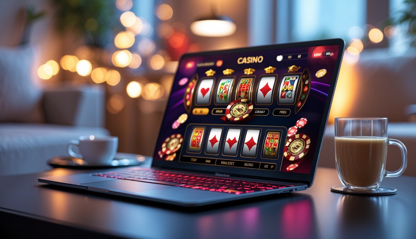 Sebuah laptop menampilkan permainan kasino online dengan grafis warna-warni di ruang yang nyaman dan modern.