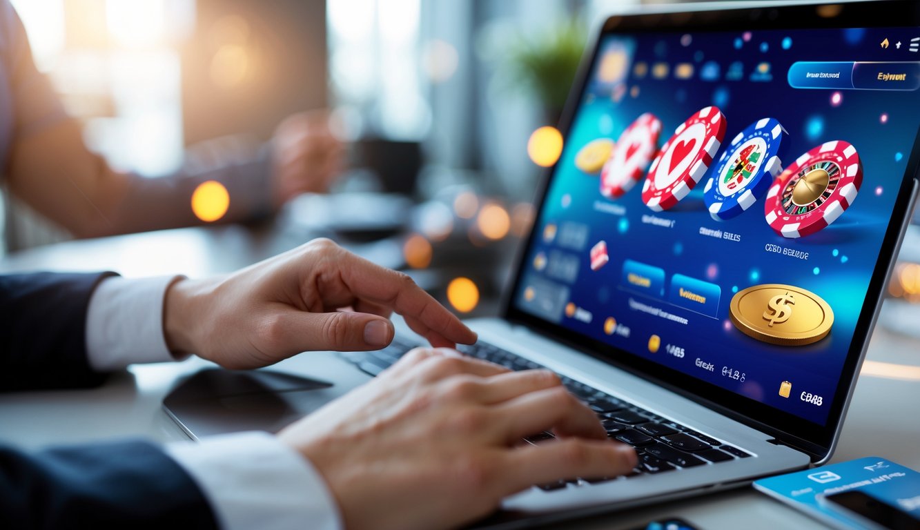 Seseorang menggunakan perangkat digital untuk melakukan pembayaran cepat di situs kasino online dengan latar ruang kerja modern.