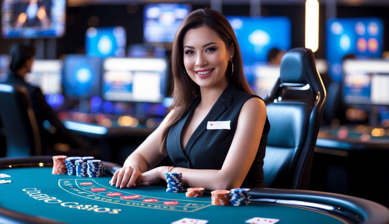 Seorang dealer kasino profesional duduk di meja kasino dengan kartu dan chip, dikelilingi oleh peralatan siaran untuk permainan kasino online langsung.