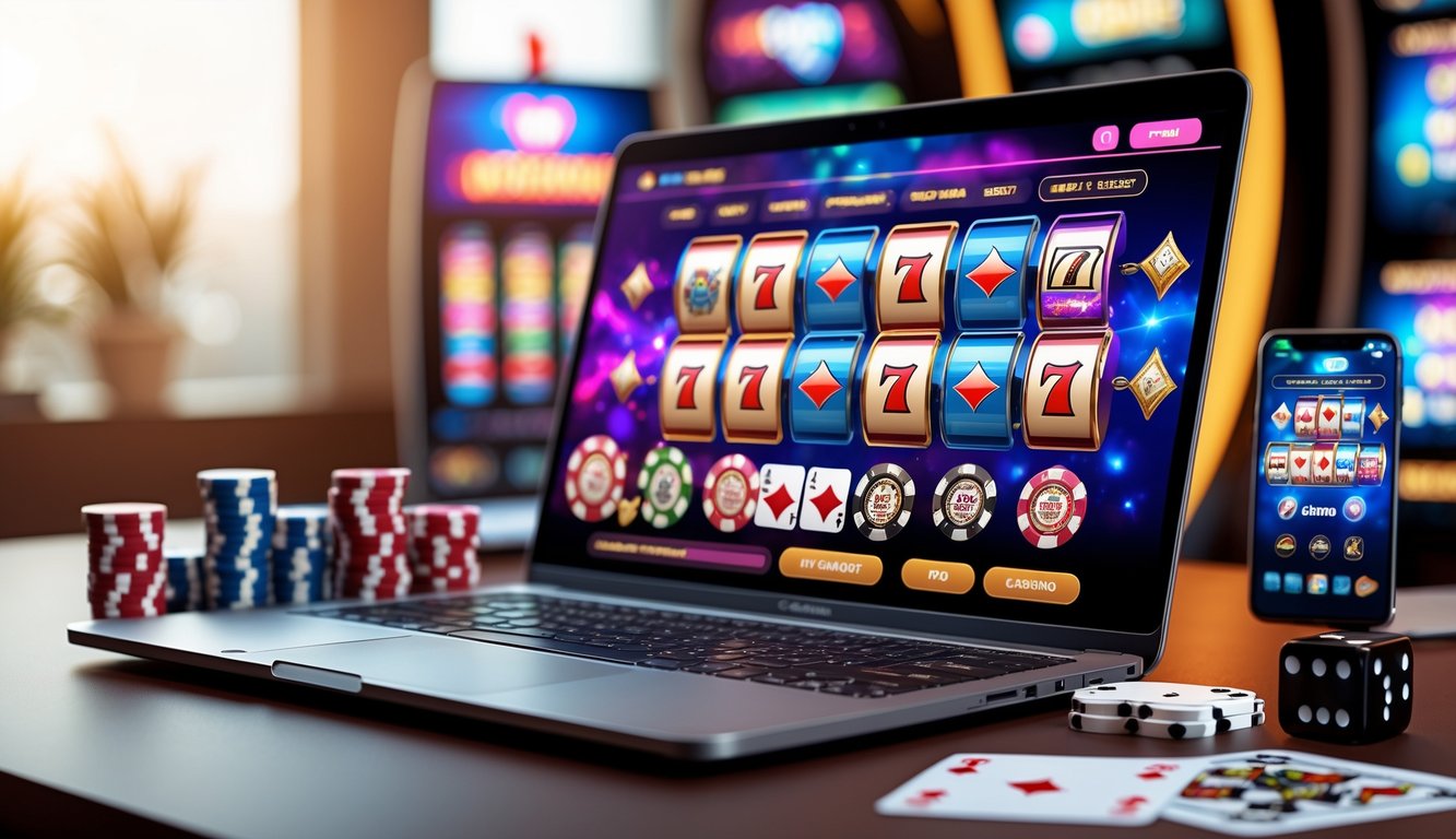 Seorang pengguna sedang bermain permainan kasino online di laptop dengan chip poker dan kartu di sekitarnya.