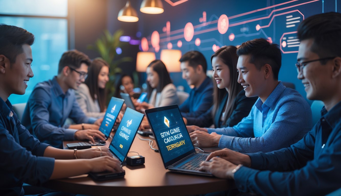 Beberapa orang bermain permainan kartu online menggunakan laptop dan ponsel di ruangan modern yang nyaman.