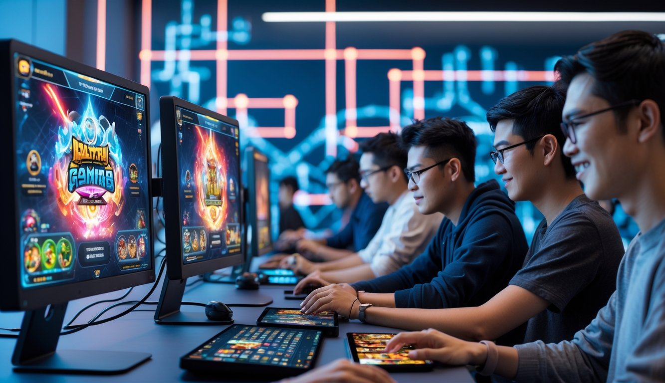 Sekelompok orang muda sedang bermain permainan kartu online di depan komputer dalam ruangan modern.