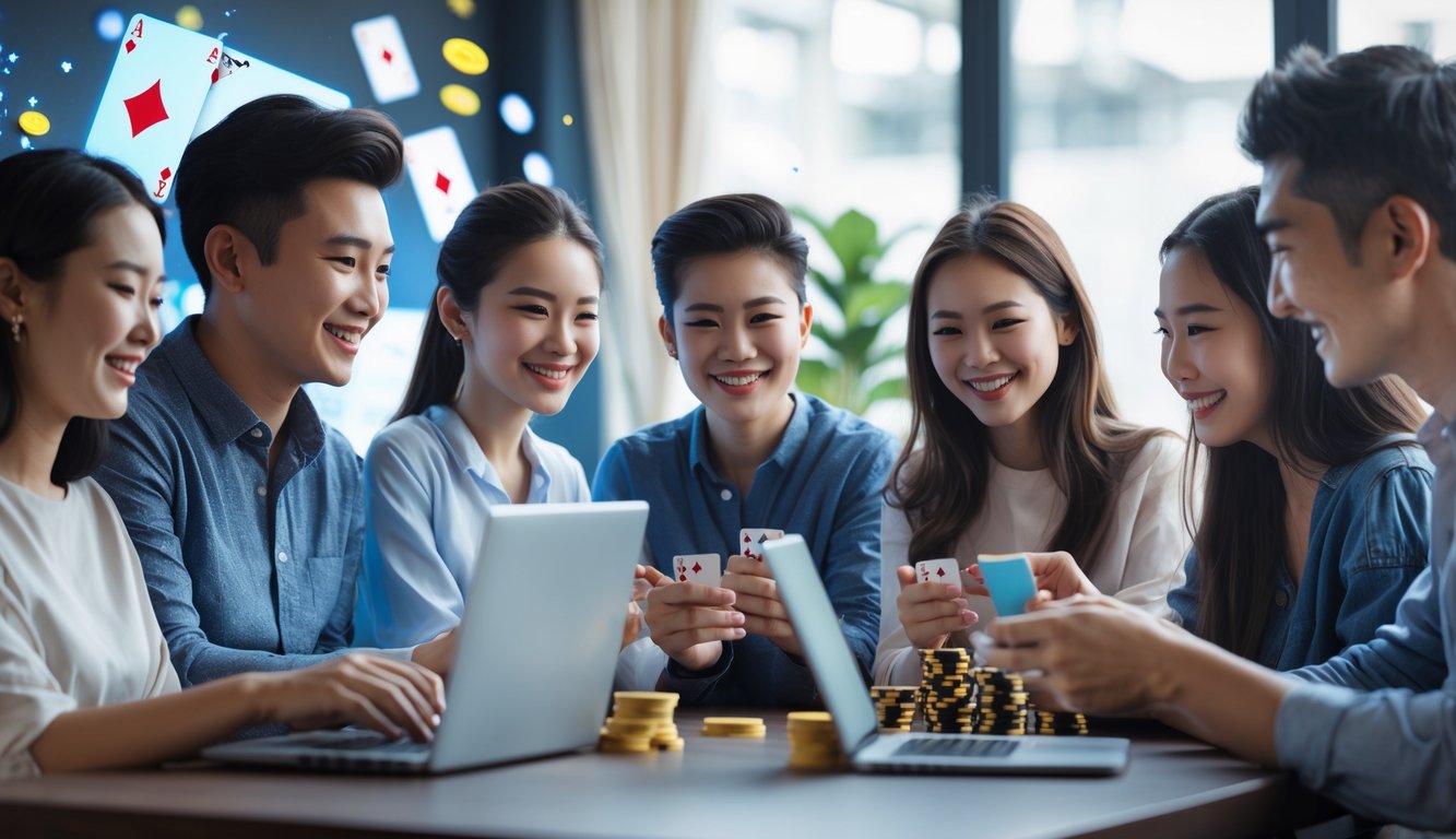 Sekelompok orang muda sedang bermain permainan kartu online bersama di sebuah ruangan yang nyaman.