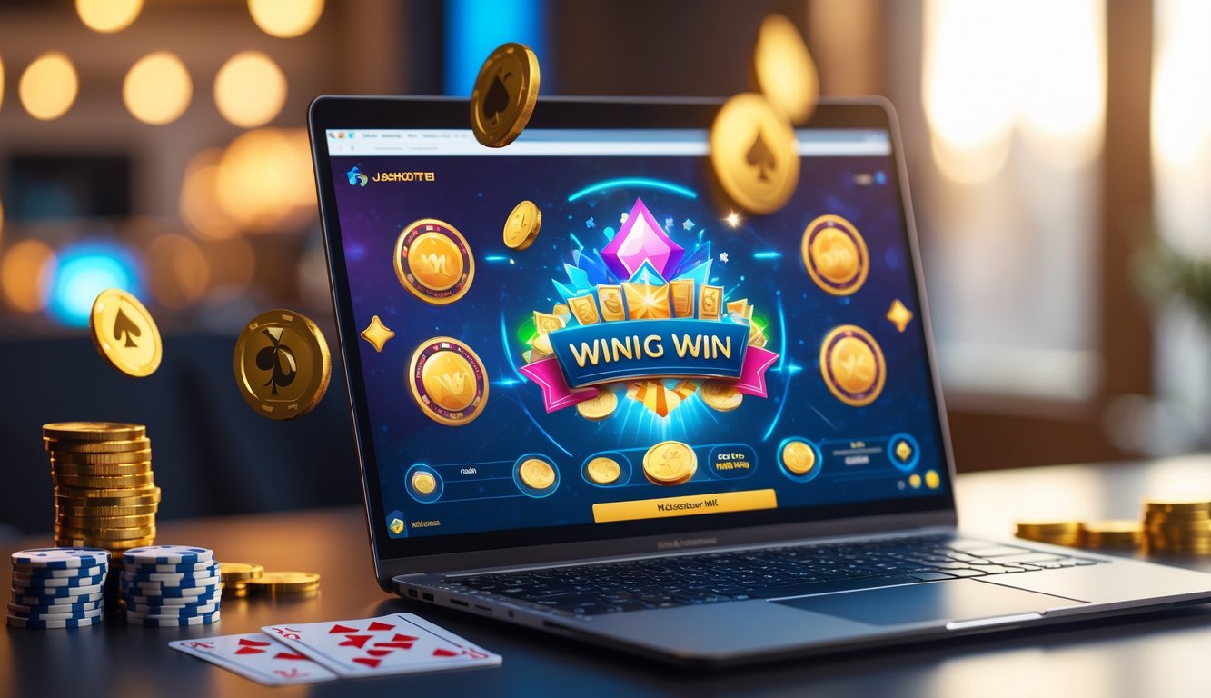 Seseorang bermain permainan kartu secara online dengan layar komputer yang menampilkan animasi kemenangan jackpot.