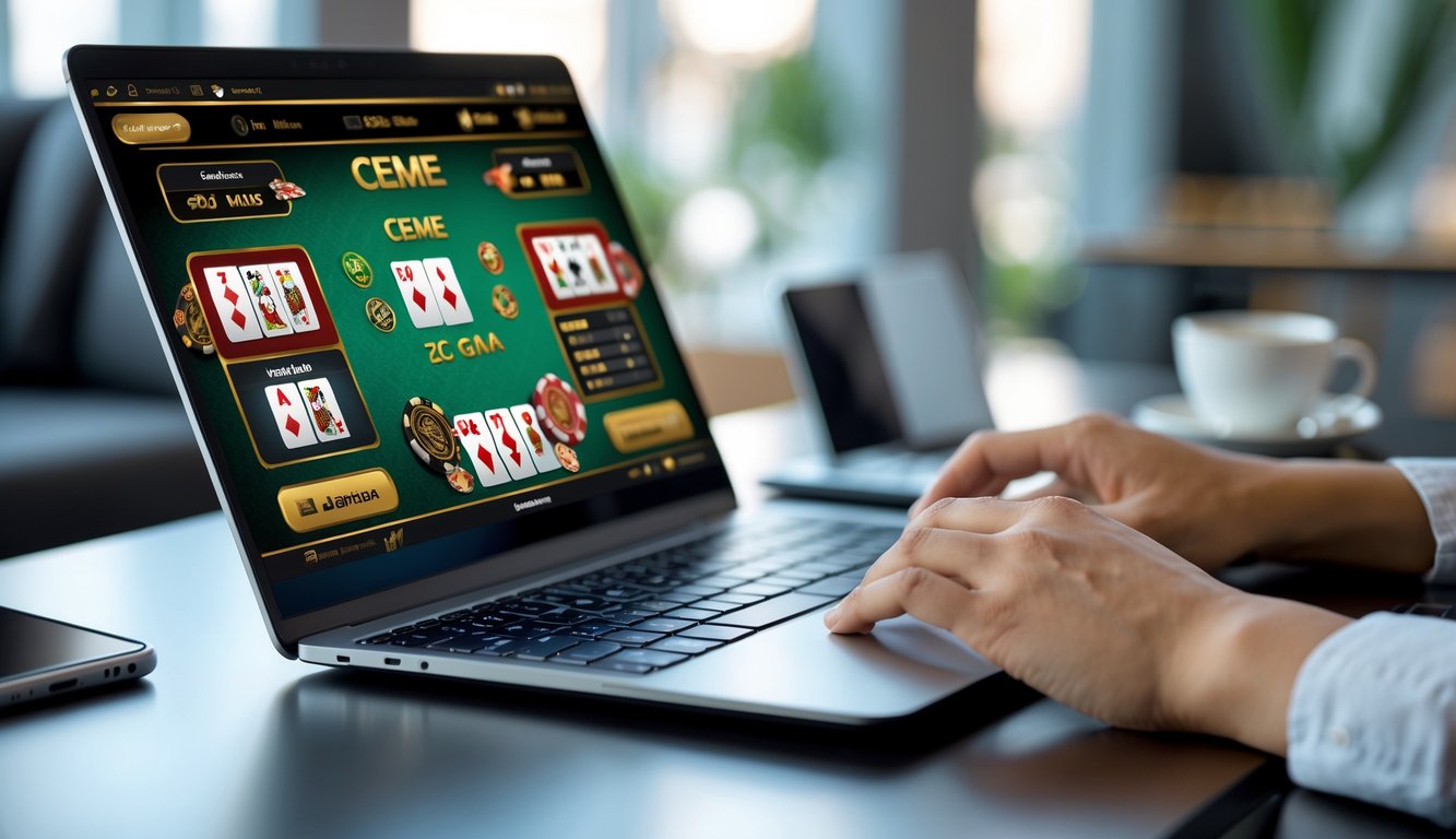 Tangan seseorang bermain permainan kartu online Ceme di laptop di meja kerja dengan latar belakang yang nyaman.