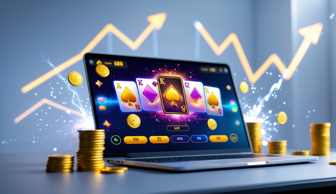 Seorang pemain menggunakan komputer dengan tampilan permainan kartu digital yang berwarna-warni, dikelilingi oleh elemen visual yang menunjukkan kemenangan dan keberhasilan.