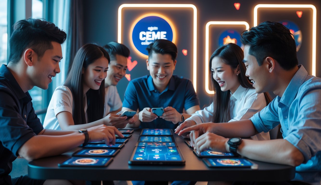 Sekelompok orang muda sedang bermain game kartu secara online menggunakan perangkat digital di sebuah ruangan yang terang dan modern.