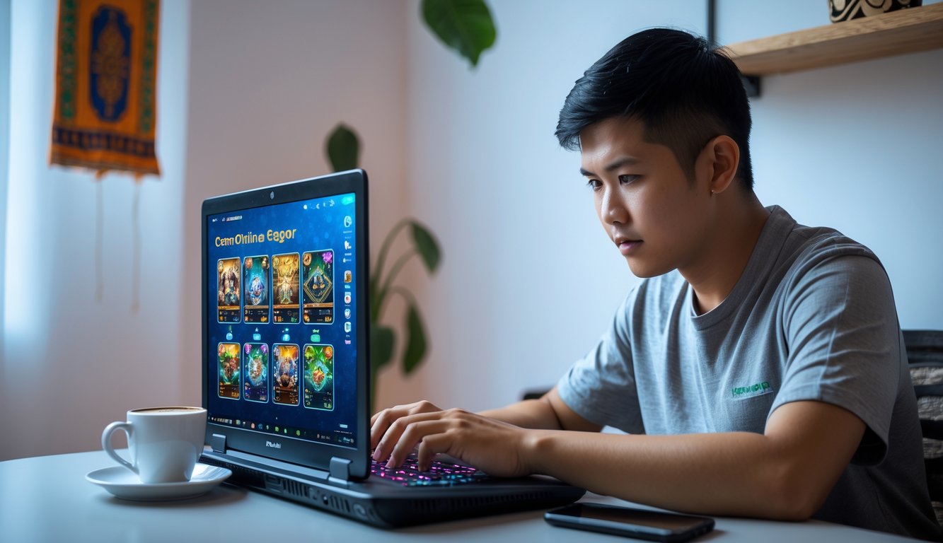 Seorang pria Indonesia sedang bermain permainan kartu online di laptop di ruang kerja yang rapi dengan dekorasi batik dan ukiran kayu.