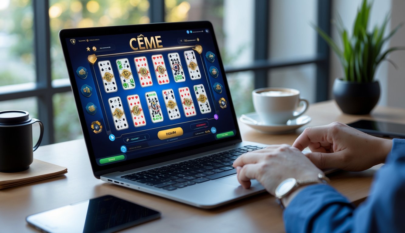 Seseorang sedang bermain permainan Ceme online di laptop di meja kerja yang rapi dengan cahaya alami.