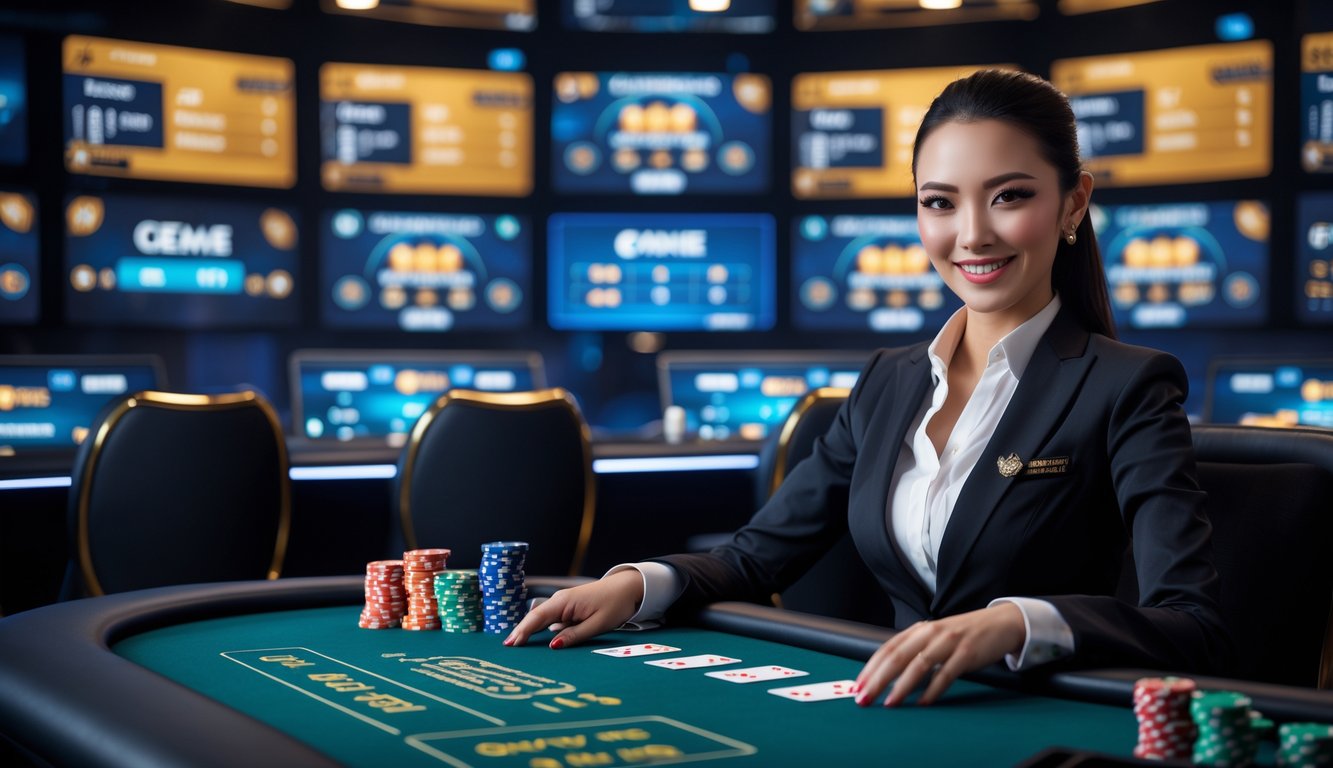 Seorang dealer langsung yang ramah duduk di meja permainan dengan kartu dan chip, dikelilingi oleh layar yang menampilkan permainan kasino online.