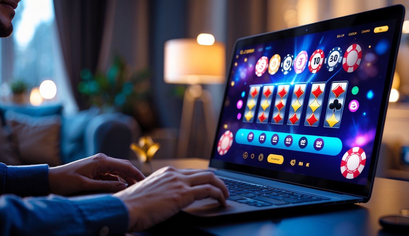 Seseorang menggunakan komputer dengan tampilan permainan kasino online yang cerah dan menarik di ruang santai.