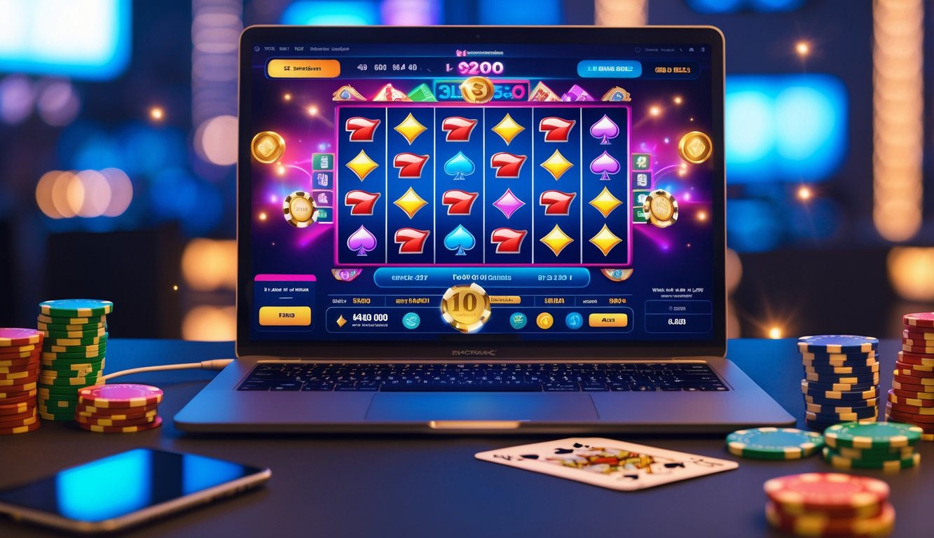 Seorang pengguna sedang bermain kasino online dengan laptop yang menampilkan permainan slot dan berbagai chip kasino di meja.
