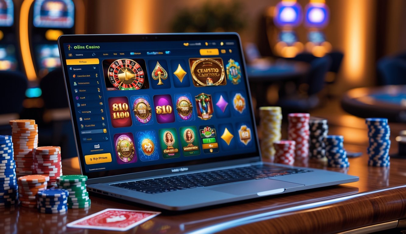 Sebuah laptop dengan layar menampilkan permainan kasino online, dikelilingi oleh chip poker dan kartu remi di atas meja kayu.