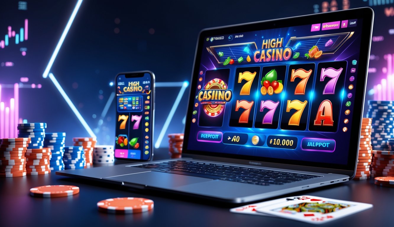 Seorang pemain menggunakan laptop dan ponsel untuk bermain permainan kasino online dengan chip poker dan kartu di sekitarnya.