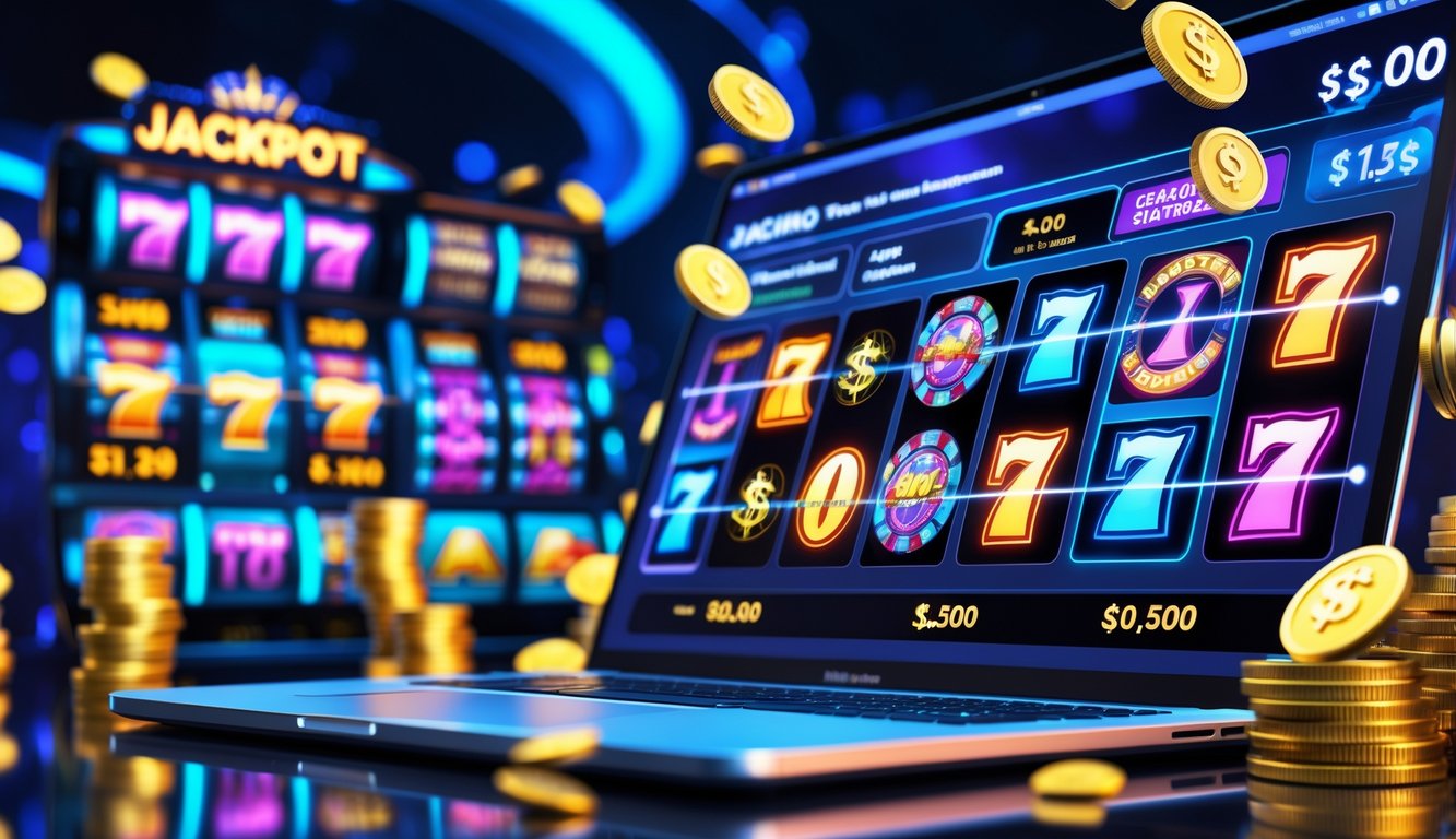 Tampilan antarmuka kasino online dengan mesin slot berwarna-warni dan simbol jackpot yang sedang menang.