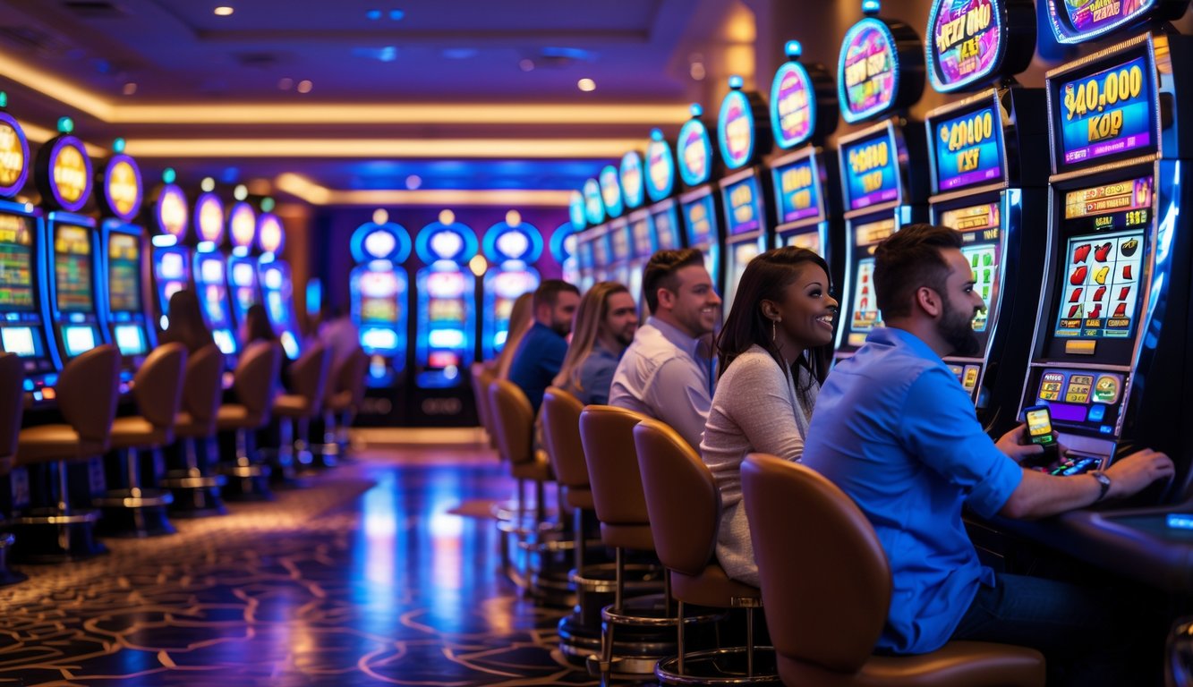 Suasana kasino dengan mesin slot modern yang menyala dan beberapa pemain yang terlihat antusias bermain.
