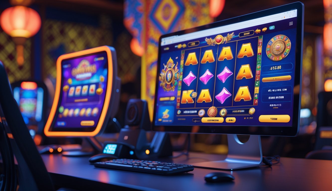 Suasana kasino online dengan komputer modern menampilkan permainan slot berwarna-warni dan elemen budaya Indonesia di latar belakang.