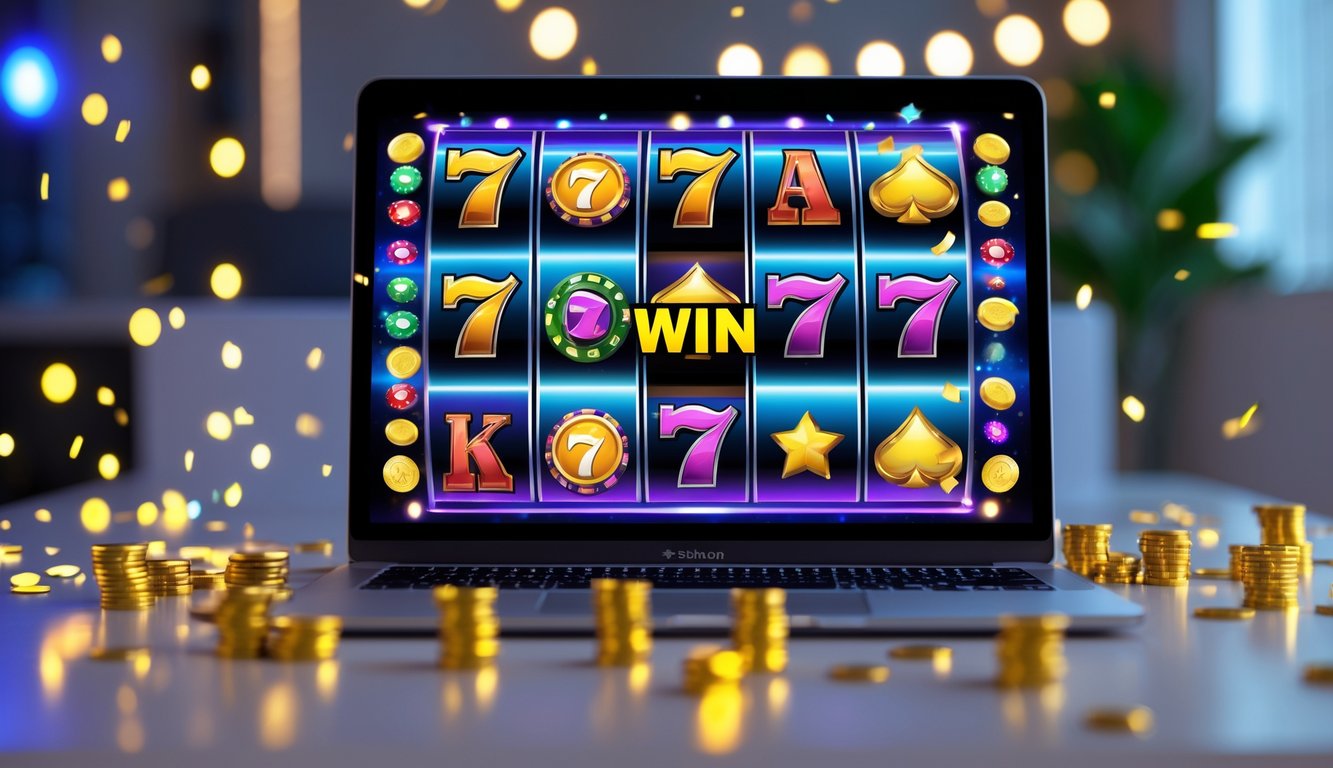 Seseorang menggunakan perangkat digital untuk bermain permainan kasino online dengan tampilan jackpot di layar.