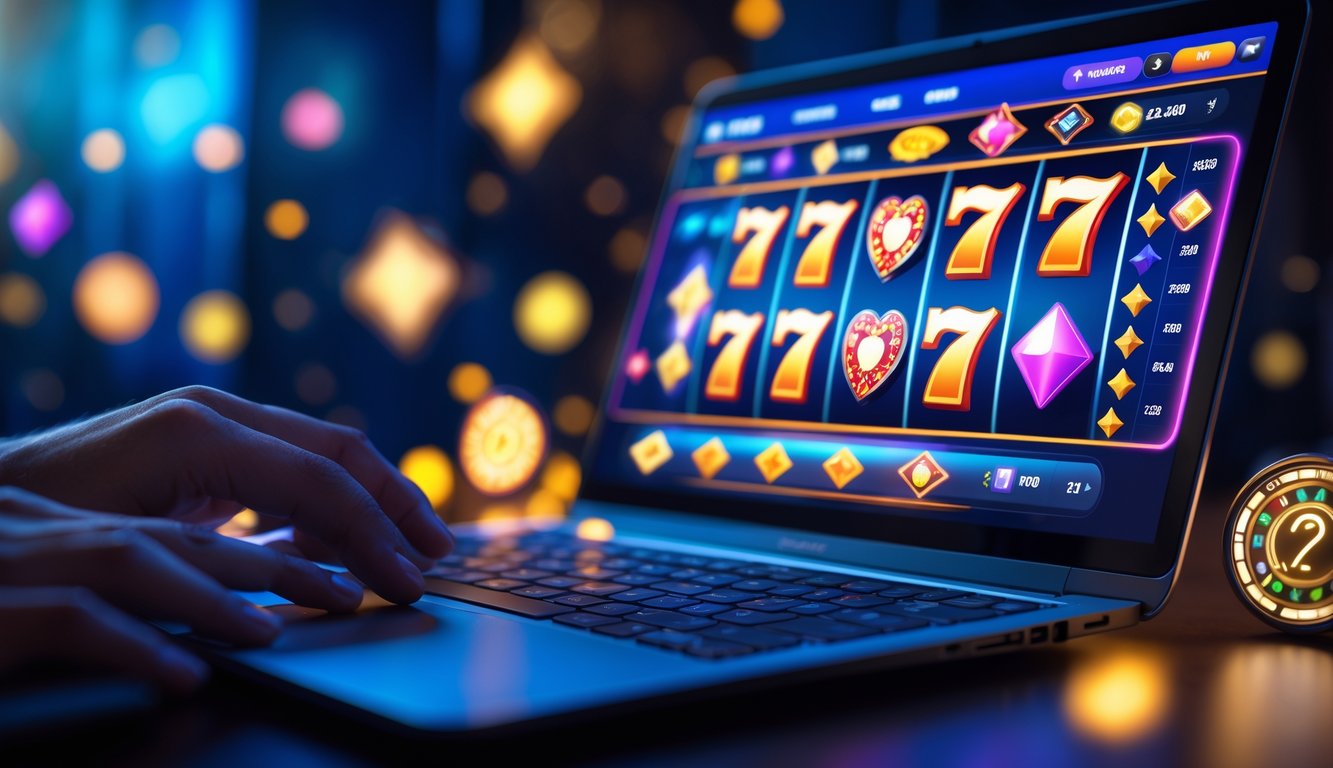 Suasana permainan kasino online dengan komputer menampilkan layar permainan slot yang berwarna-warni dan jam digital yang menunjukkan layanan 24 jam.