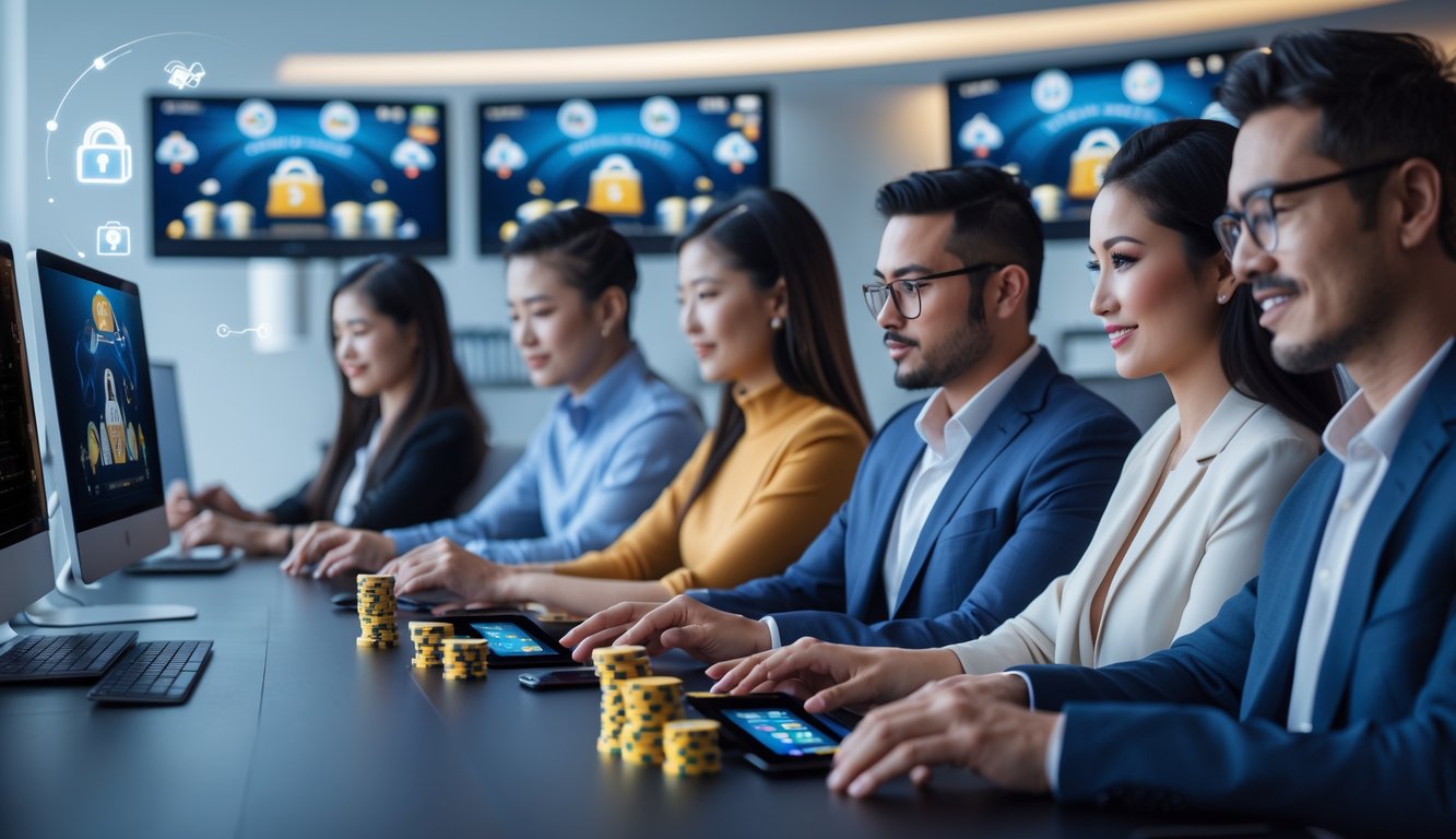 Beberapa orang dewasa sedang bermain permainan kartu online di komputer dan ponsel di ruangan yang nyaman dan modern.